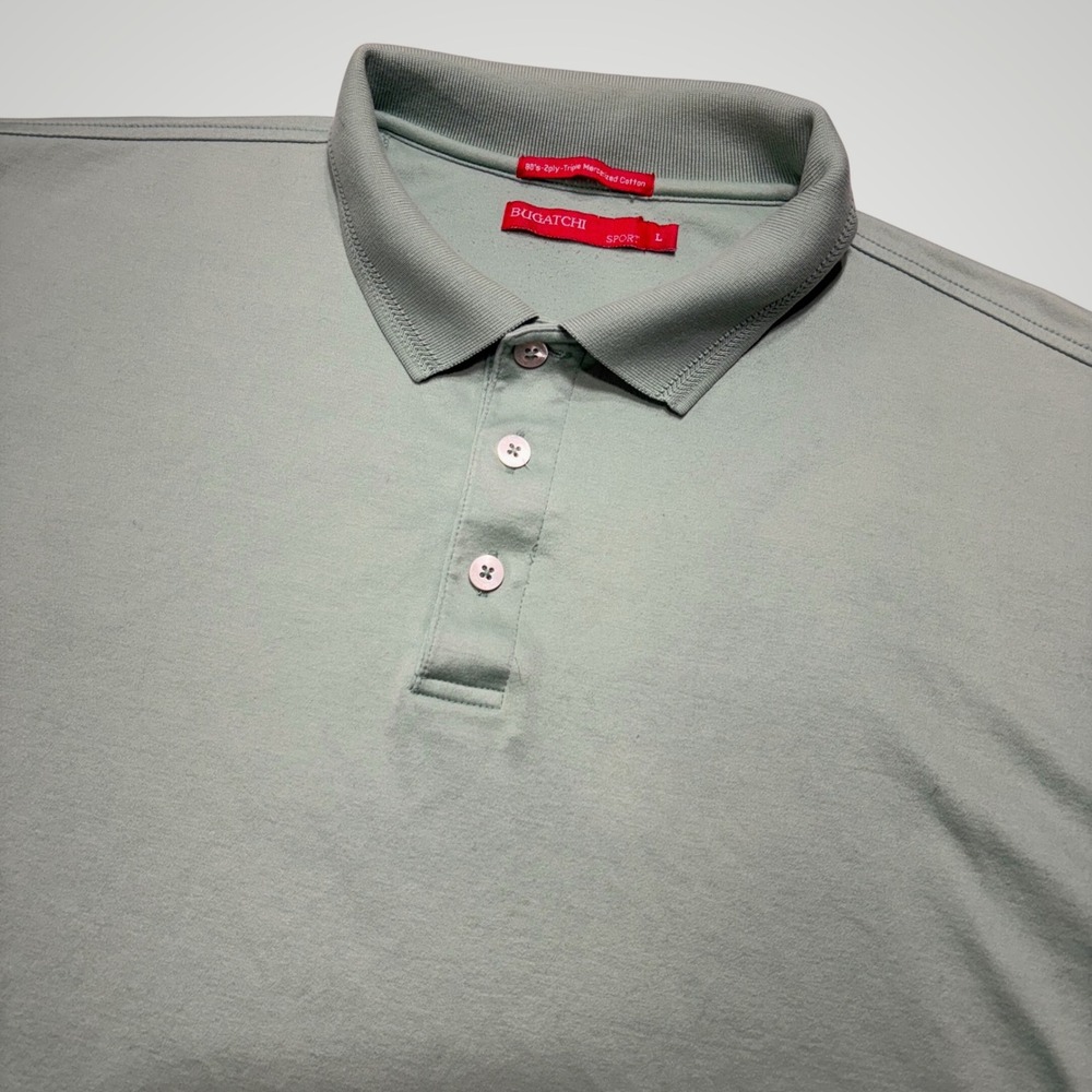 BUGATCHI Men L Green Short Sleeve Polo Shirt Sport 80s 2 Ply Mercerized Cotton